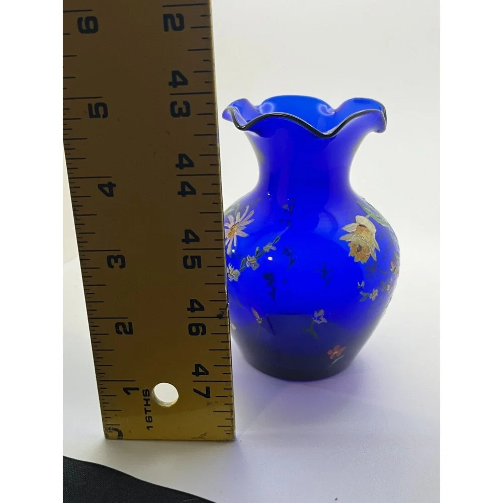 Vintage Cobalt Blue Hand Blown Glass Ruffle Vase. Hand Painted Lot‎ of two